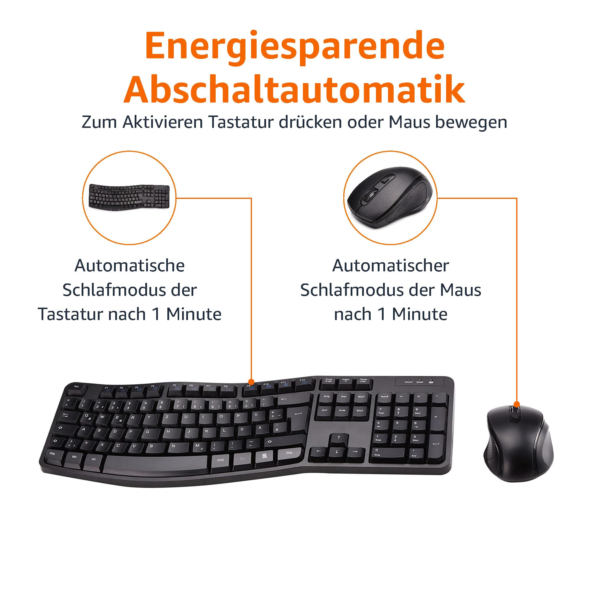 Amazon Basics Tastatur-Maus-Set, ergonomisch, kabellos, DE Layout - schwarz