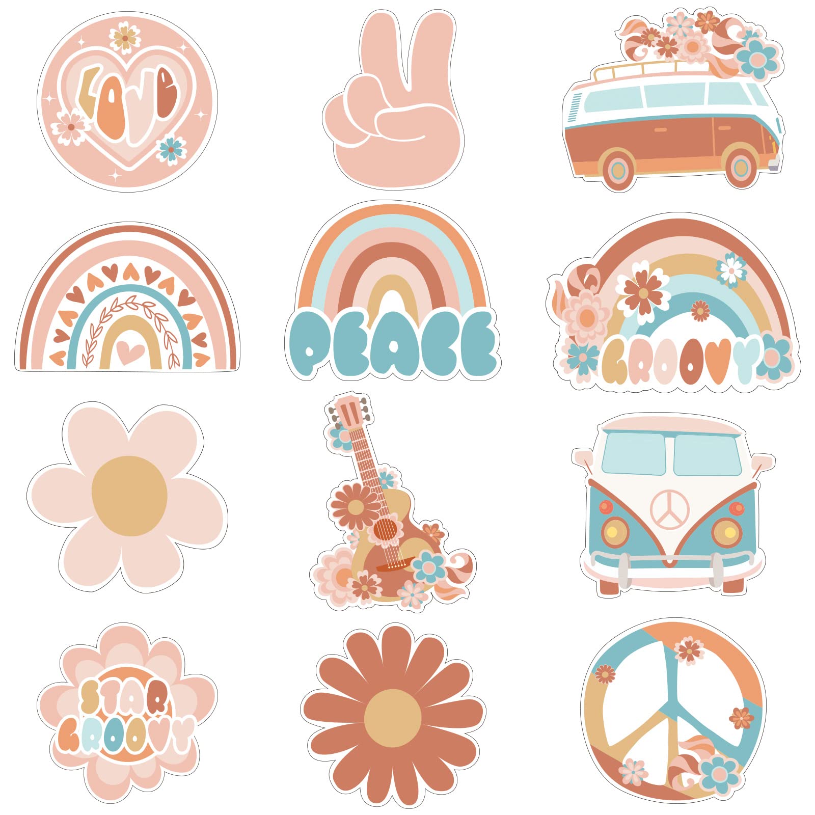 48PCS Groovy Bulletin Board Decorations Hippie Bus Cutouts Boho Retro Hippie Wall Decals Peace Sign Daisy Flower Boho Rainbow Paper-Cuts for Nursery Elementary Middle School Classroom Decor