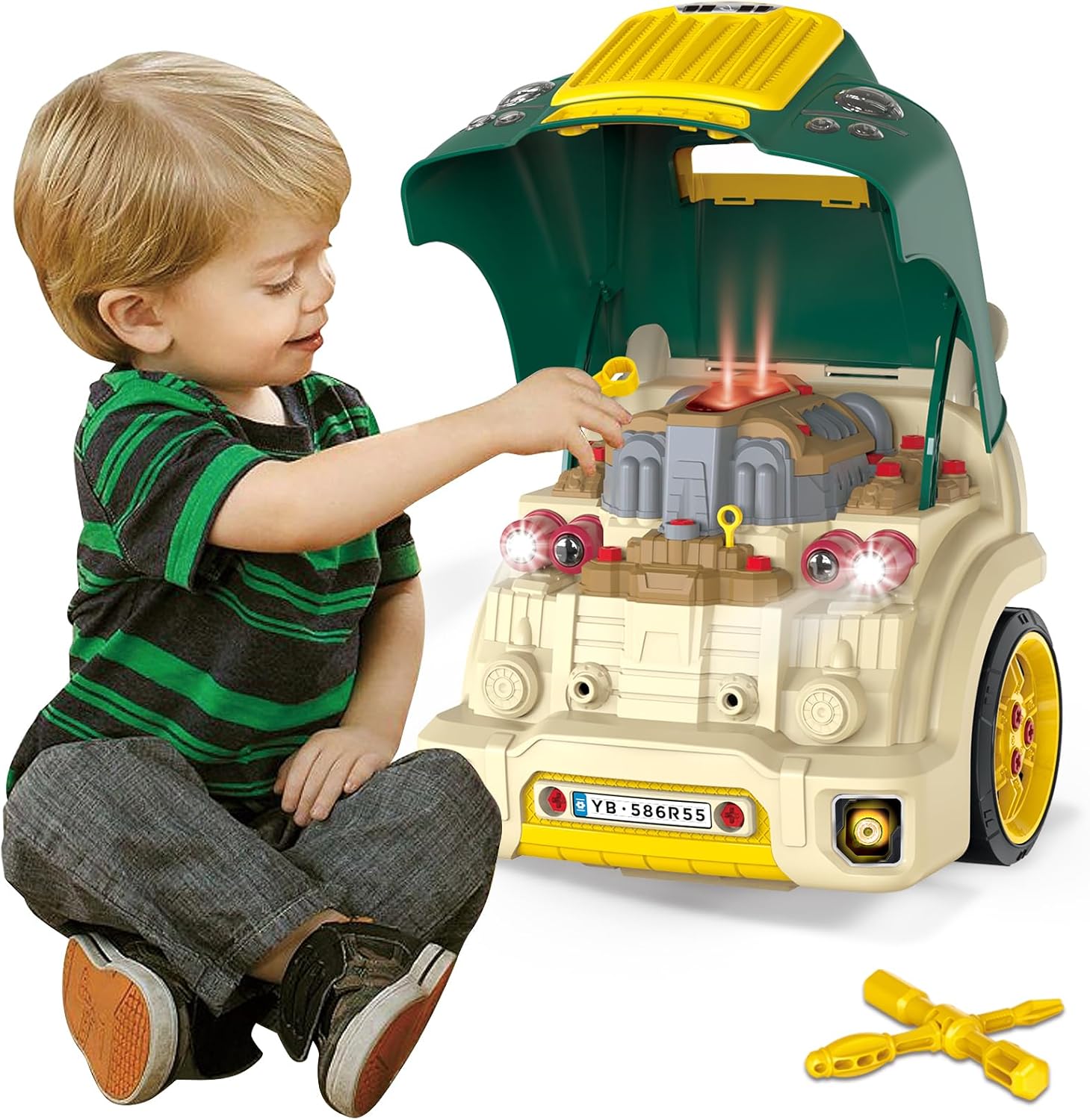 Large Truck Engine Toy for 3-5 Kids -Take Apart Motor Vehicle Pretend Play Car with Light - Kid Mechanic Workshop Set - Big Truck Builder Kit with Removable Parts - Toy Engine Building Kit