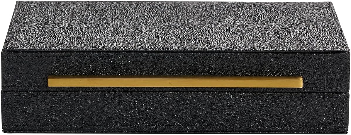 Kingflux Black Shagreen Leather Decorative Box, Storage Box Jewelry Organizer, Woment&Men's Accessory Organizer With Matt Golden Stainless Steel Handle (Black)