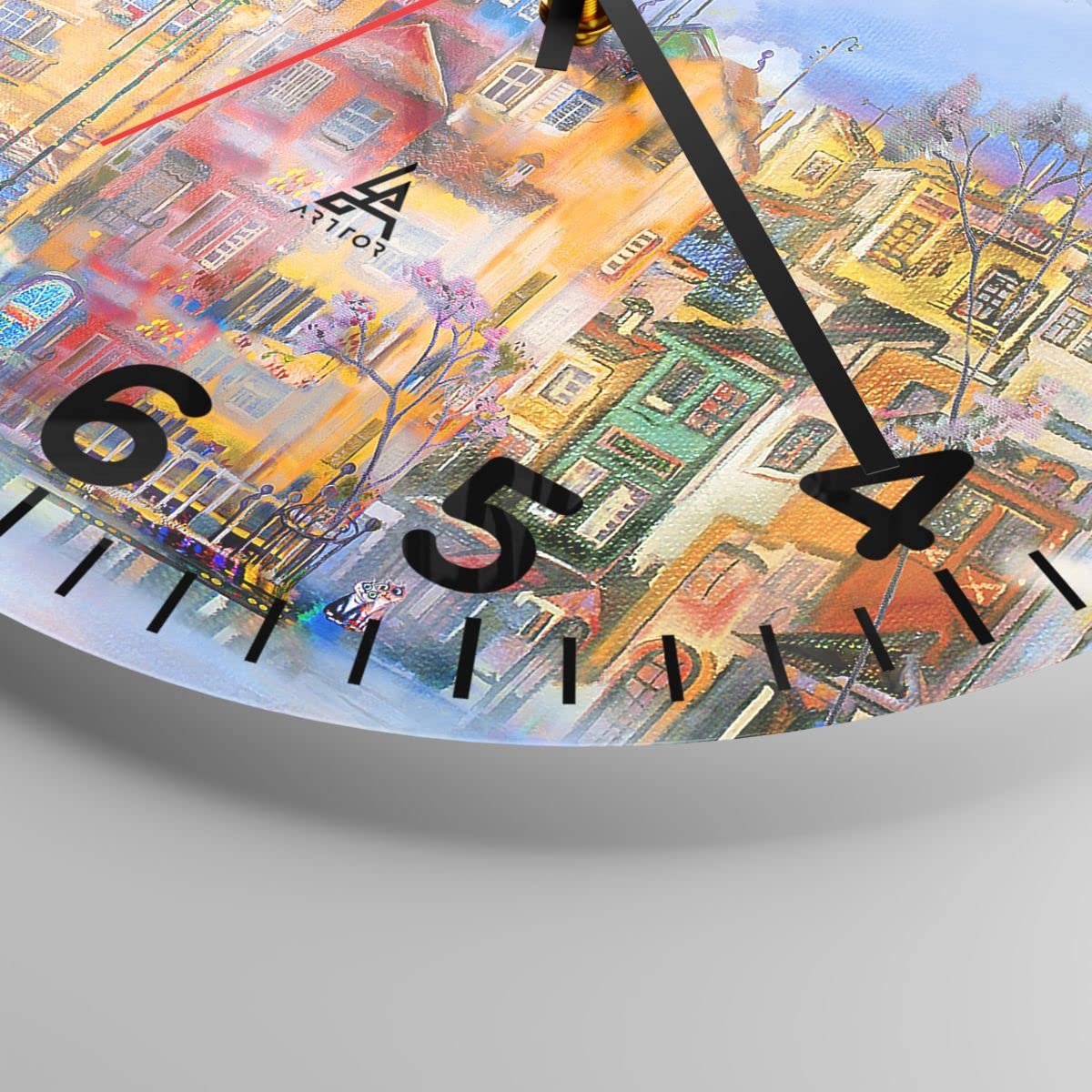 ARTTOR Zegar ścienny na szkle 40x40 cm Nowoczesny stary miasto kamienica dom Cichy zegar na ścianę Sypialnia Kuchnia Deko Dekoracja ścienna Salon Wall Clock Dekor Duży C4AR40x40-3419