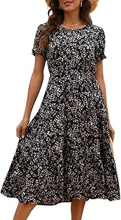 Women Floral Print Puff Sleeve Tiered A-Line Swing Midi Dress with Pocke...