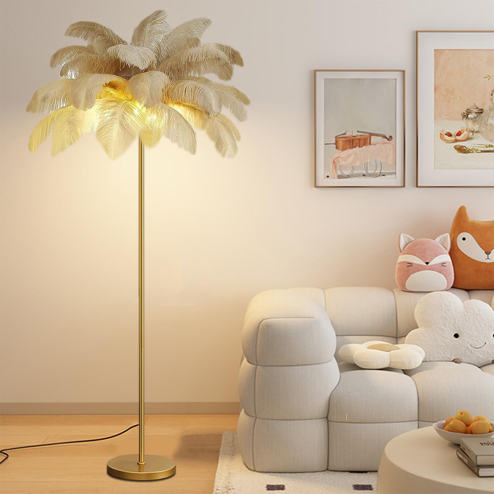 Lampadaire en plumes d'autruche kaki pour salon et lecture