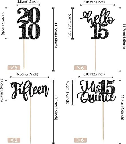 Miniatura 2 de 24 piezas de adornos negros para cupcakes de cumpleaños 15 con purpurina Hello 15, decoración para cupcakes Mis Quince Since 2010 para cumpleaños,