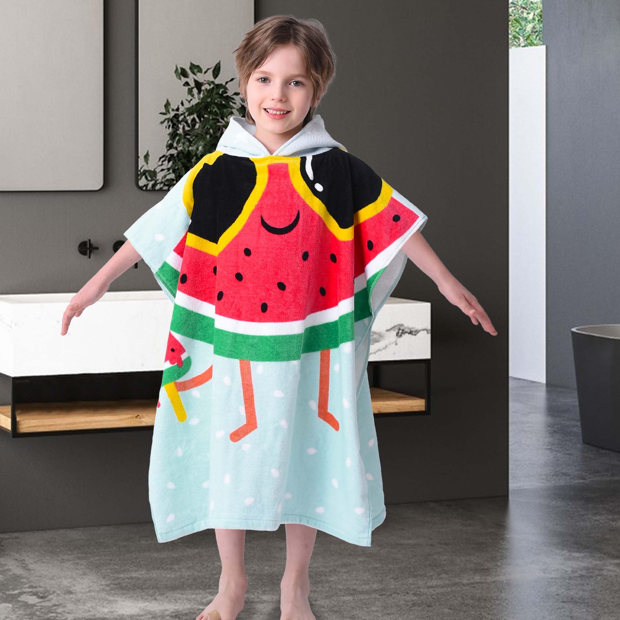 VOOVA & MOVAS Toallas de playa para niños con capucha (4-8 años) de algodón suave súper absorbentes, toalla poncho de piscina para niños y niñas, perfecto para verano, natación, regalos, sandía