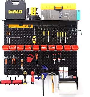 Wallmaster Pegboard Organizer Garage Storage Rack, Metal Pegboard Organizer Set with Tool Board Hooks Accessories,Storage Bins, Overhead Shelf, Paper Towel Holder Father's Day Gift (Black)