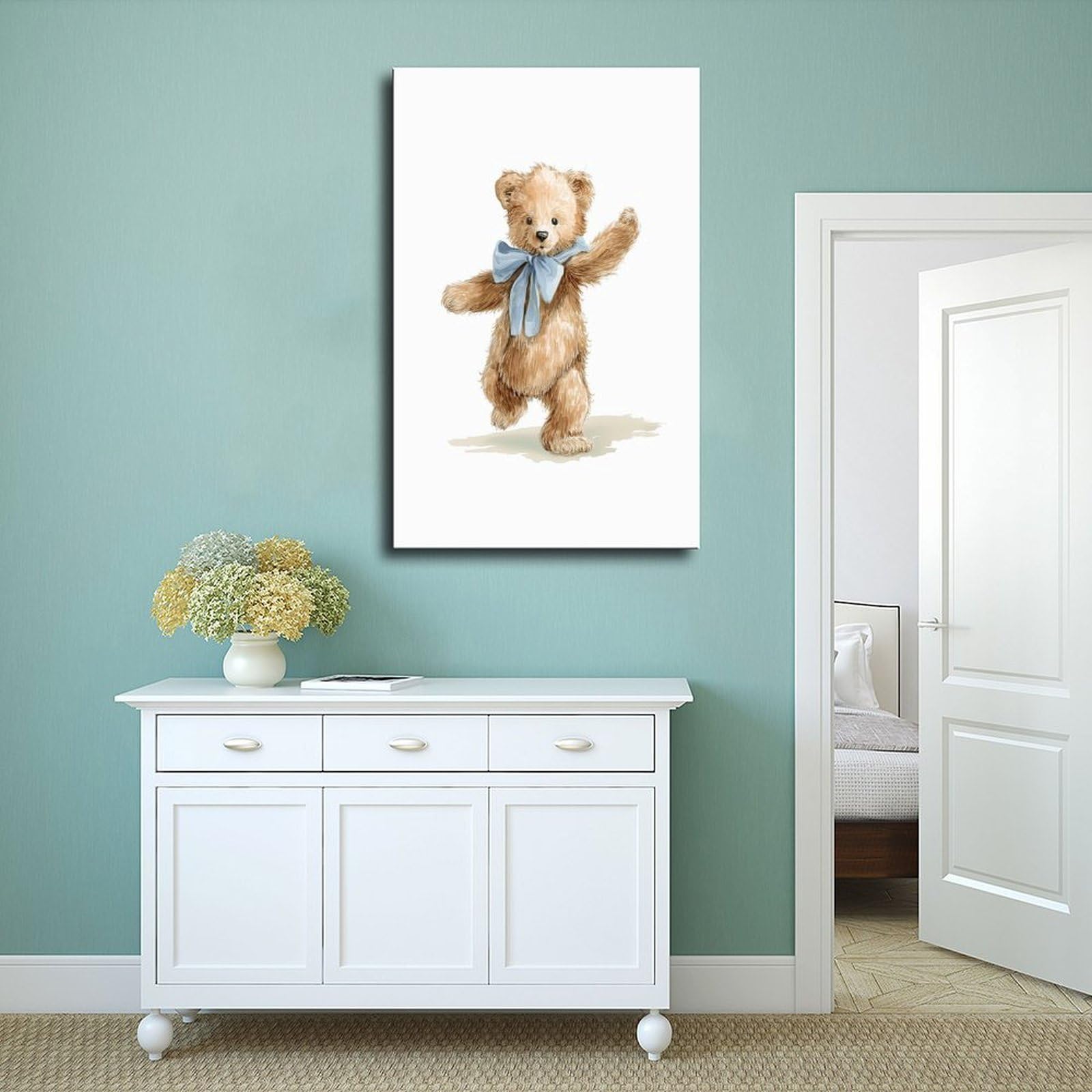 Leinwandposter mit laufendem Teddybär, Schlafzimmer, Landschaft, Büro, Raumdekoration, Geschenk, 61 x 91,4 cm (L x B)