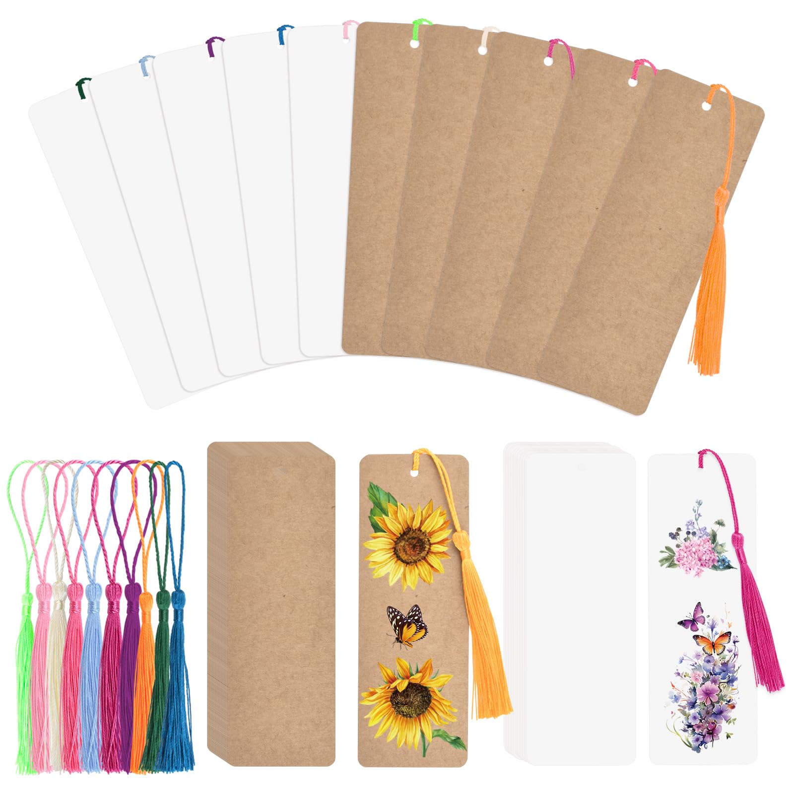 Wandic White &Brown Bookmark Making Kit,60 Set White & Brown Blank Paper Bookmarks With Colorful Tassels Readers Book Markers Diy Book Mark For Handmake Projects