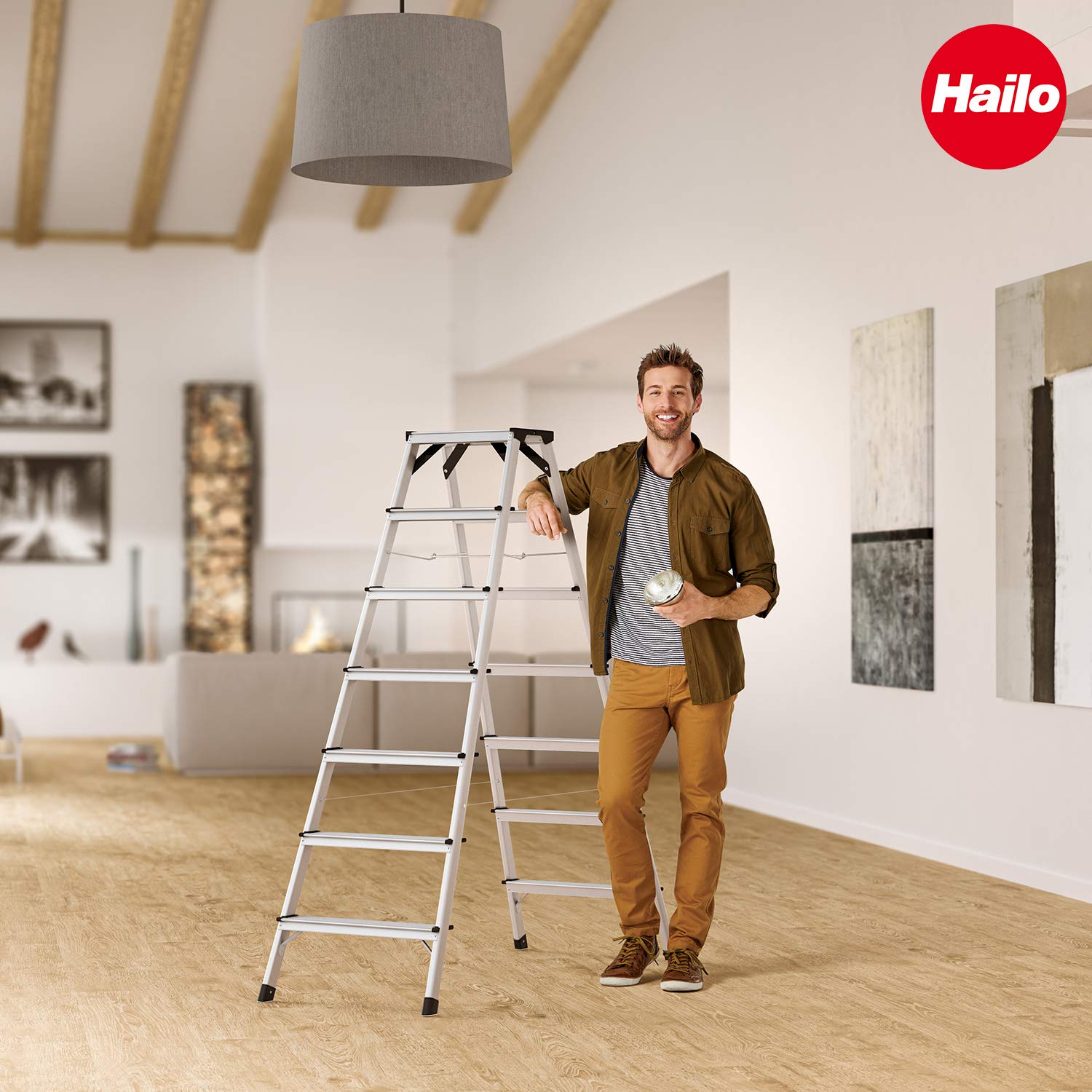 Hailo D60 StandardLine Alu-Doppelstufenleiter - 2x7 Stufen bis 150 kg - Leiter mit Spreizsicherung - Füße mit Soft-Grip-Sohle - mit stabilen Eckversteifungen - Alu Bockleiter rostfrei - Silber