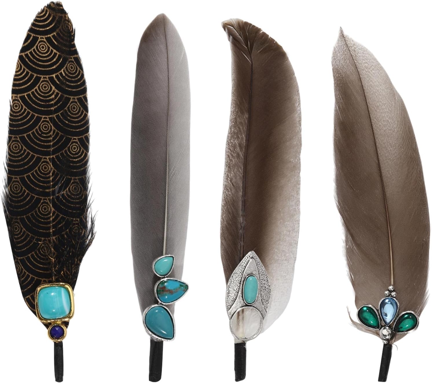 GLOBLELAND 4 Pcs Hat Natural Feathers Bohemian Rhinestone Feather Hats Accessories for Women Men Hat Feathers Pin Decor for Western Holiday Party Festival