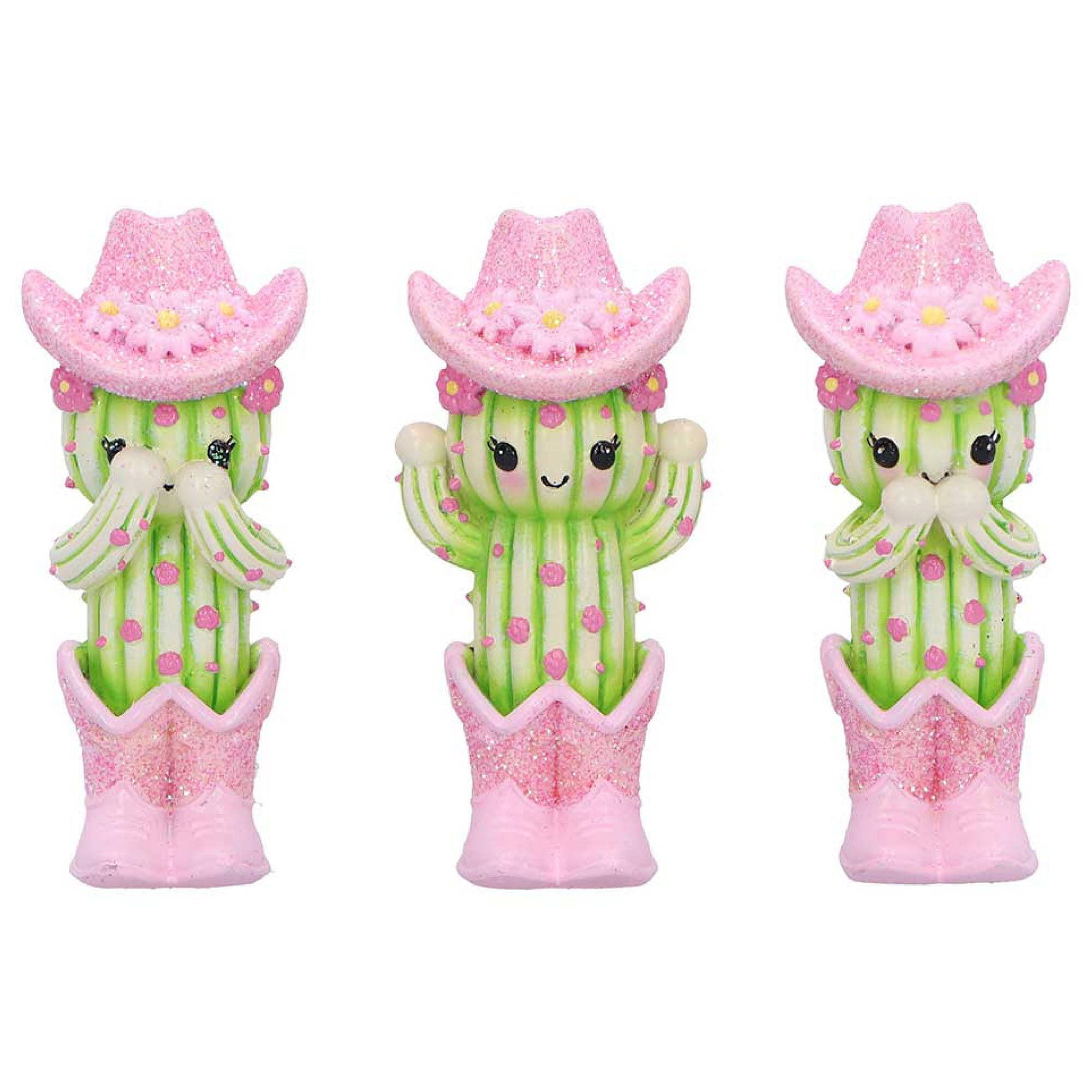Nemesis Now Three Wise Cacti Figurines Set of 3 9.5cm – See Hear Speak No Evil Resin Cactus Statues with Pink Cowboy Hat, Cute Shelf Decor, Home Ornaments