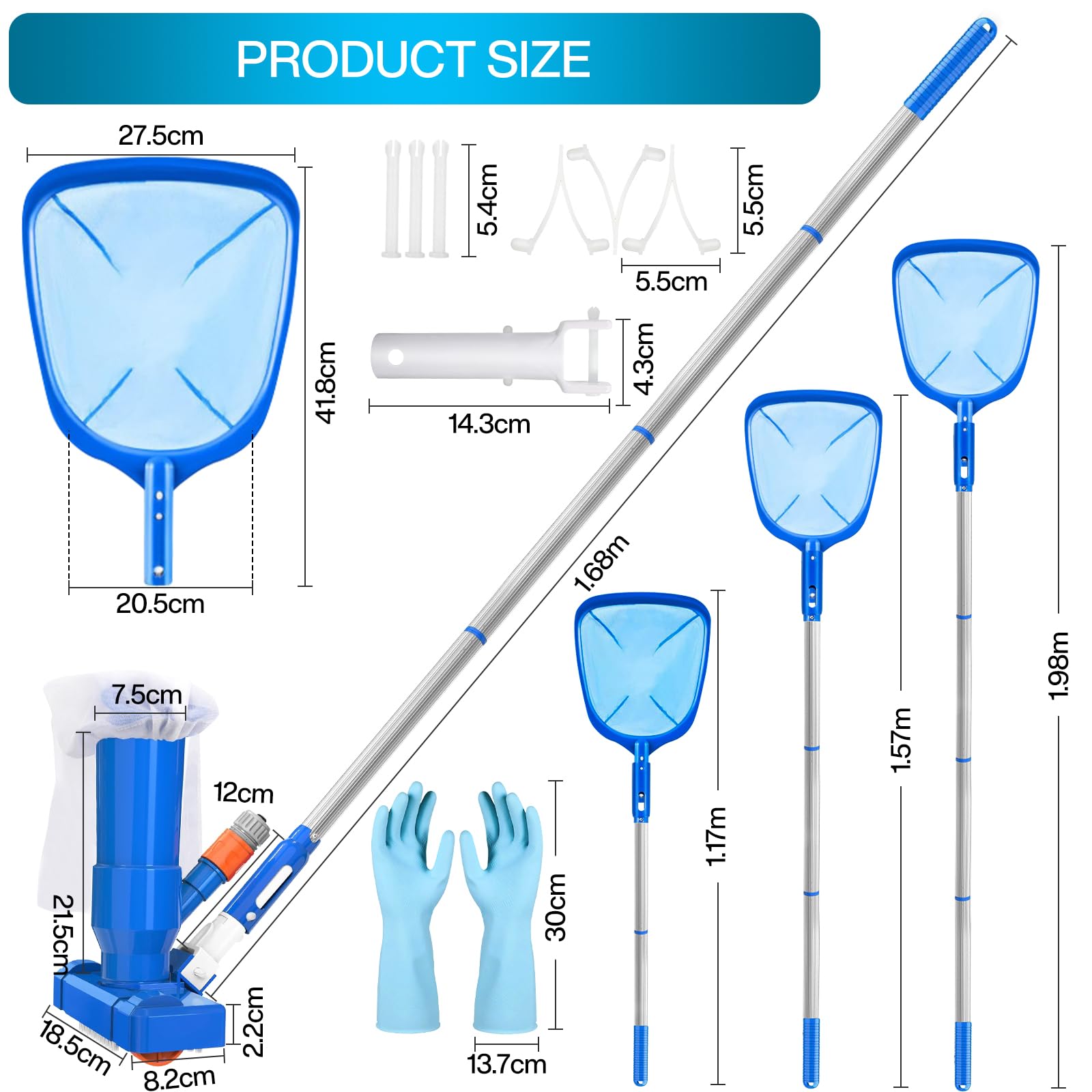 Aspirador de Piscina, Aspiradoras de Mano para Piscinas con 4 Postes de Aluminio Extraíbles y Skimmers para Piscinas, Kit de Limpieza Piscina para Bañera de Hidromasaje de Fuente de Piscina