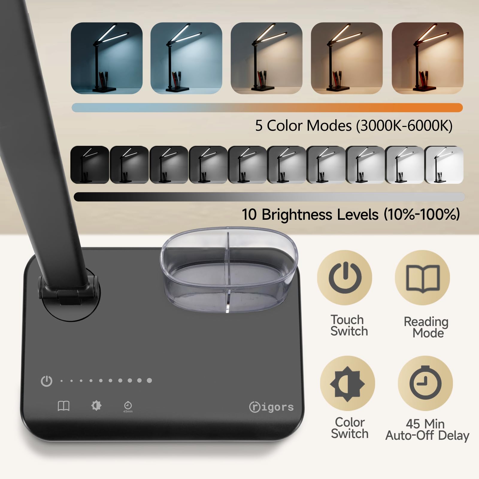 rigors Lampada da Scrivania Doppia Testa, 10 livelli di luminosità 5 modalità di illuminazione, Lampada da lavoro con porta di ricarica USB e Timer 45 minuti, Lampada da Tavolo per Ufficio, Monitor
