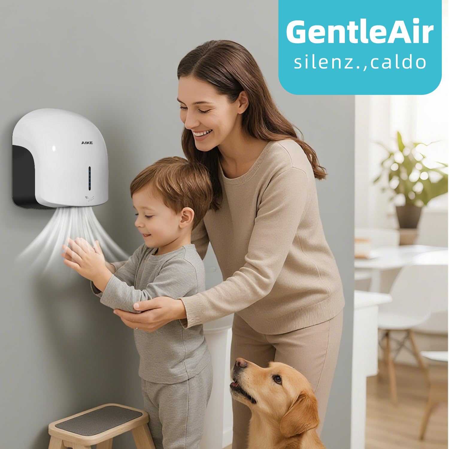AIKE GentleAir Asciugamani Elettrico ad Aria Calda Silenzioso, per Casa & Bagni, AC220V-240V, Bianco Nuvola