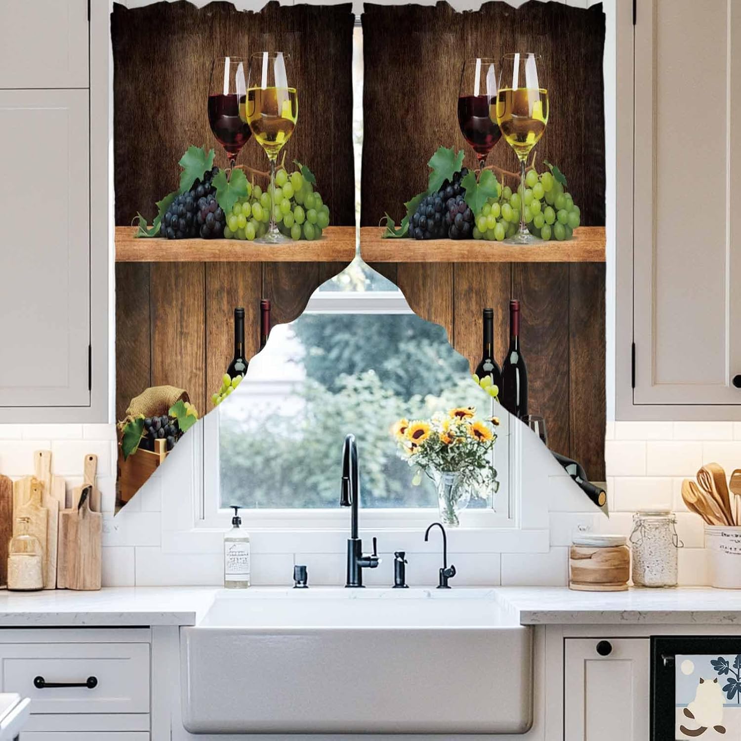 Farm Grape Wine Glass Swag Curtain,Fruits Kitchen Valances Rod Pocket Curtains Barrel Retro Wood Board Tier Pair Swag Topper,Rustic Window Treatment for Bathroom Living Room Bedroom