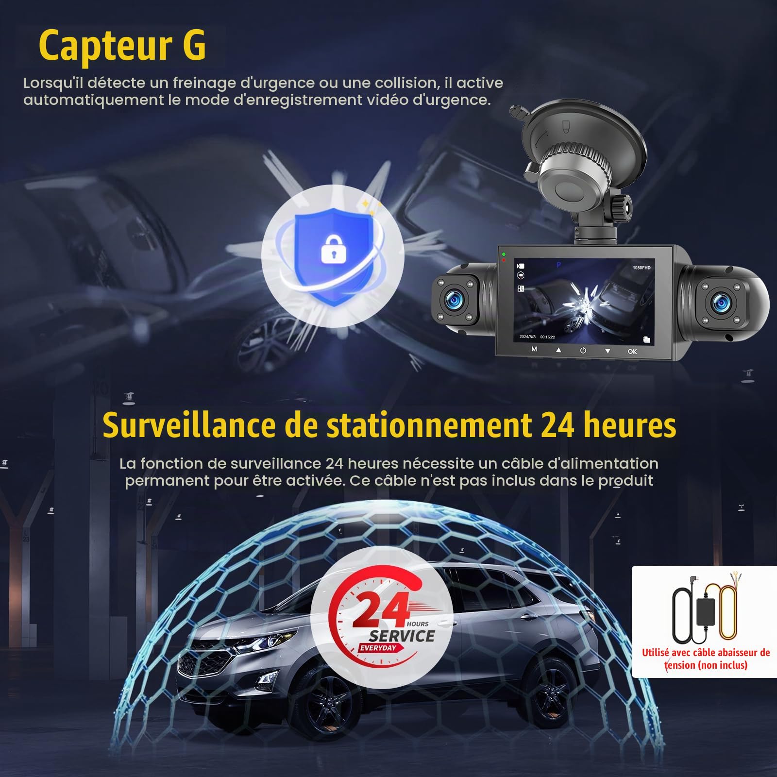 Hikity 3" IPS Screen 360° Four Camera avec DVR Fonction pour Autoradio Android, Dascham de Voiture avec Enregistrement en Boucle, capteur G, Vision Nocturne, détection de Mouvement