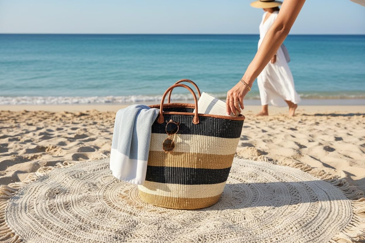 Medium Mifuka Bag Beach Bag Kiondo Kenya Fair trade - Color Block Medium: D:14" x H: 15" With Straps: 20"