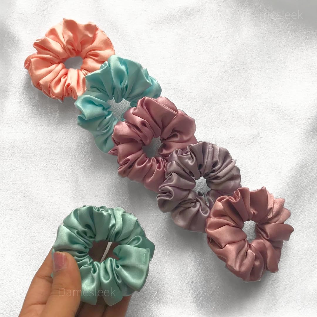 Damesleek Premium Satin Scrunchies for Women/Girls - Set of 6 (Mini Size), Same Color as Pic,Hair Ties, Hair Band, Best Gift for Sister, Mom, Friend (Pastel Dreams)