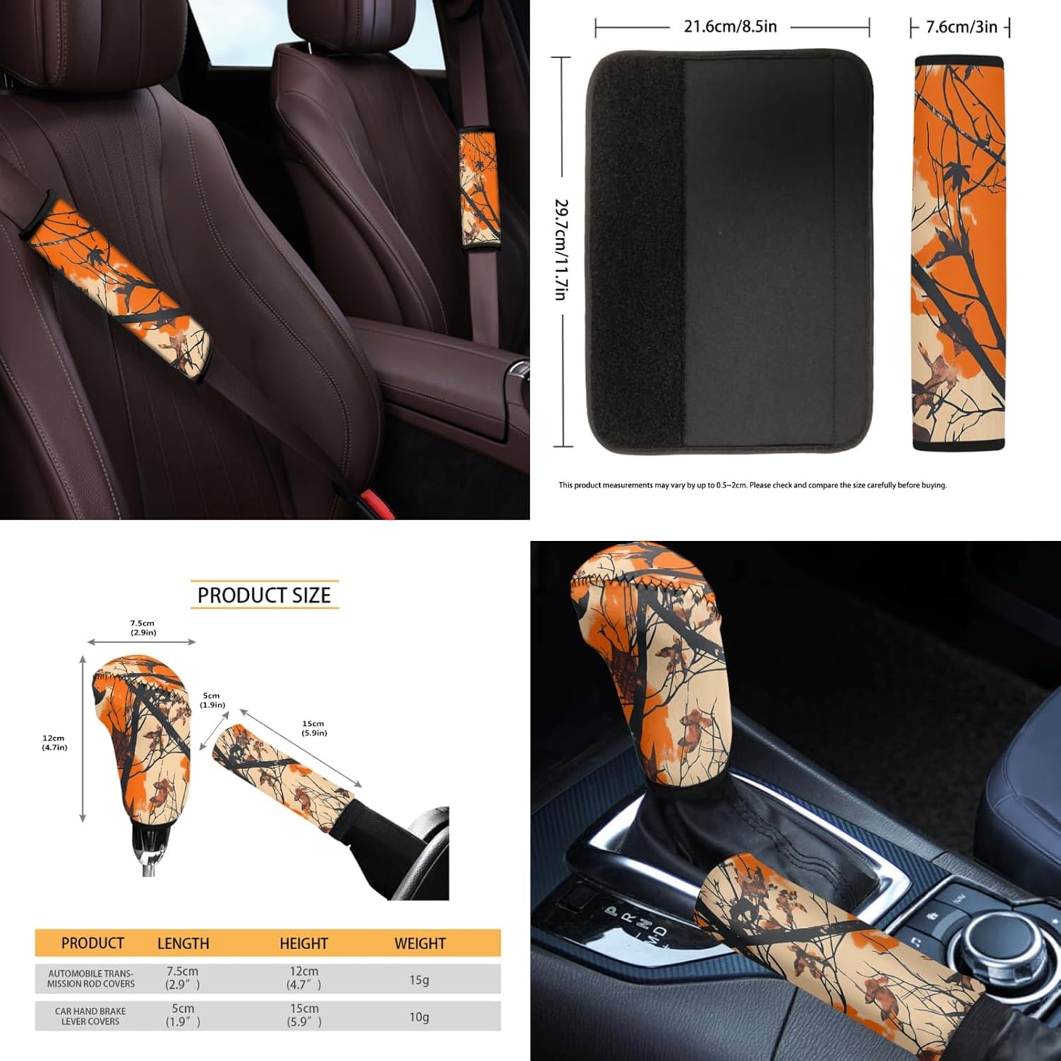 CLOHOMIN Camo Hunting Car Seat Covers Full Set of 14 Orange Wood Steering Wheel Cover Seat Belt Pad Cover Waste Bin Rear View Mirror Cover Coasters Armrest Cover Handbrake Cover Set Car Decor