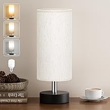 kakanuo Lampada da Comodino, 3 Modalità di Colore, Piccola Lampada da Tavolo con Paralume in Lino Bianco Base Argento, Abat Jour da Comodino con Filo per Camera da Letto Dormitorio Soggiorno Ufficio