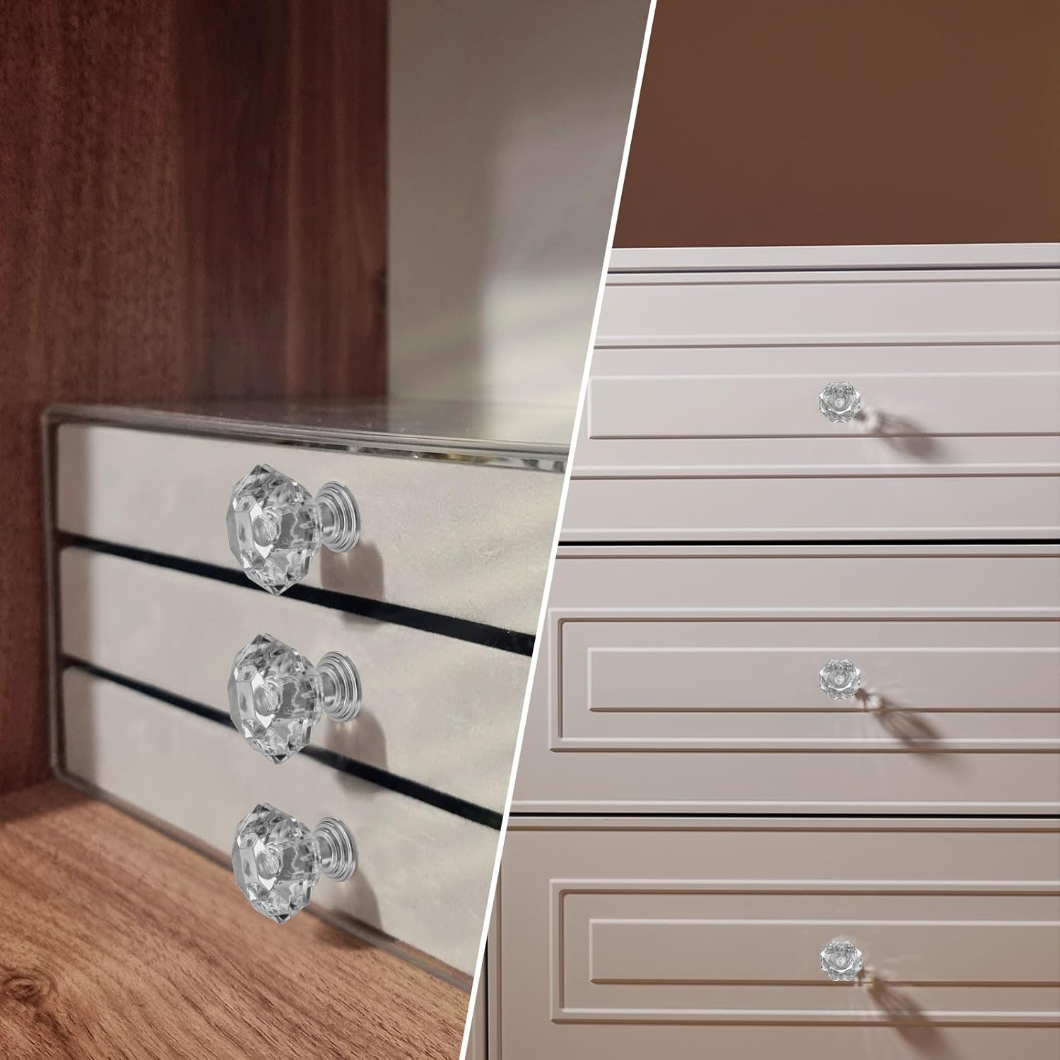 uxcell 2 Pcs Crystal Cabinet Knobs 24 mm Drawer Pulls Crystal Drawer Knobs for Cabinet, Cupboard, Wardrobe, Dresser, Clear/Silver