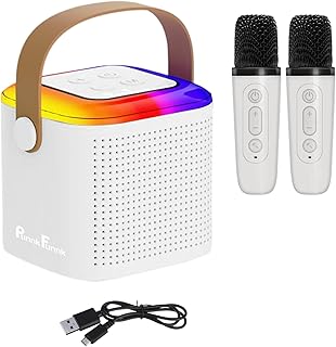PunnkFunnk Kids Adults with Wireless Mics Portable Karaoke Bluetooth Speaker & Dynamic Lights Birthday Gift for Girls, Boys & Toddlers Ages 4,5,6,7,8,9,10,12+ Year Old Home Outdoor Travel (White)