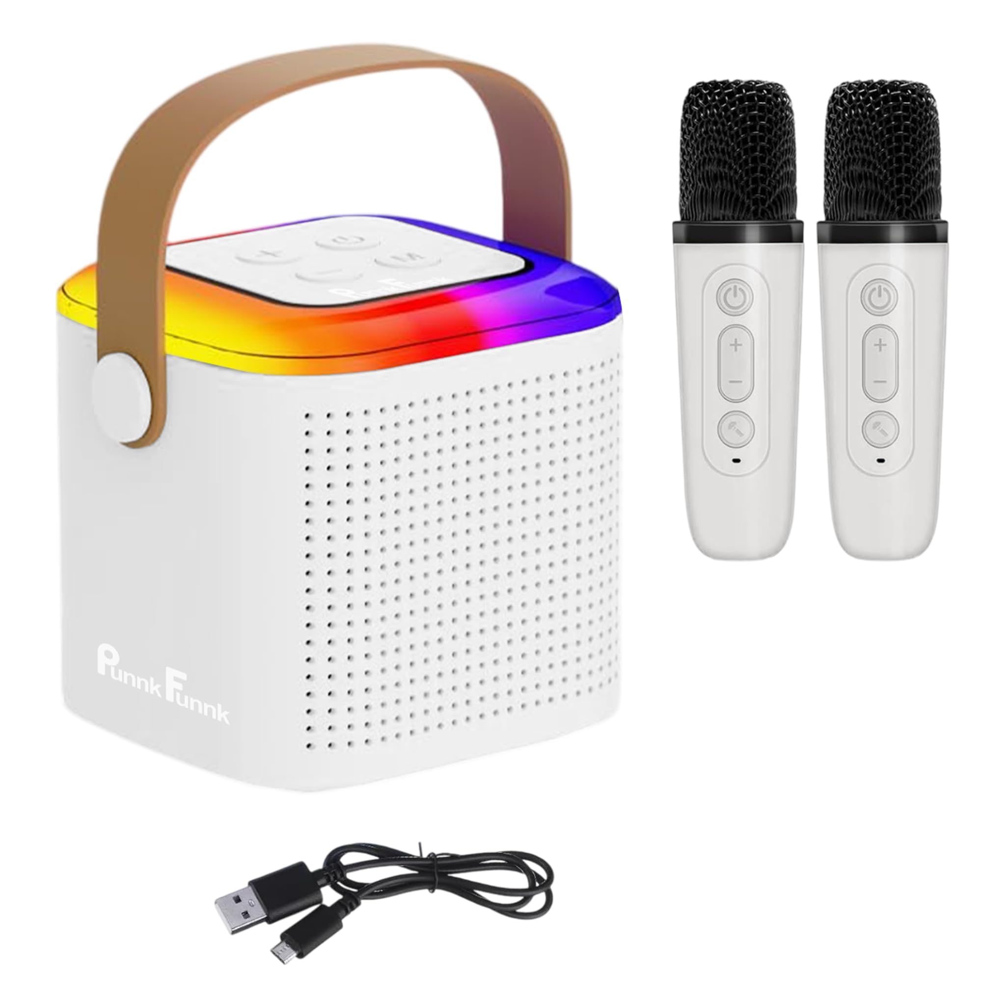 PunnkFunnk Kids Adults with Wireless Mics Portable Karaoke Bluetooth Speaker & Dynamic Lights Birthday Gift for Girls, Boys & Toddlers Ages 4,5,6,7,8,9,10,12+ Year Old Home Outdoor Travel (White)-image-3
