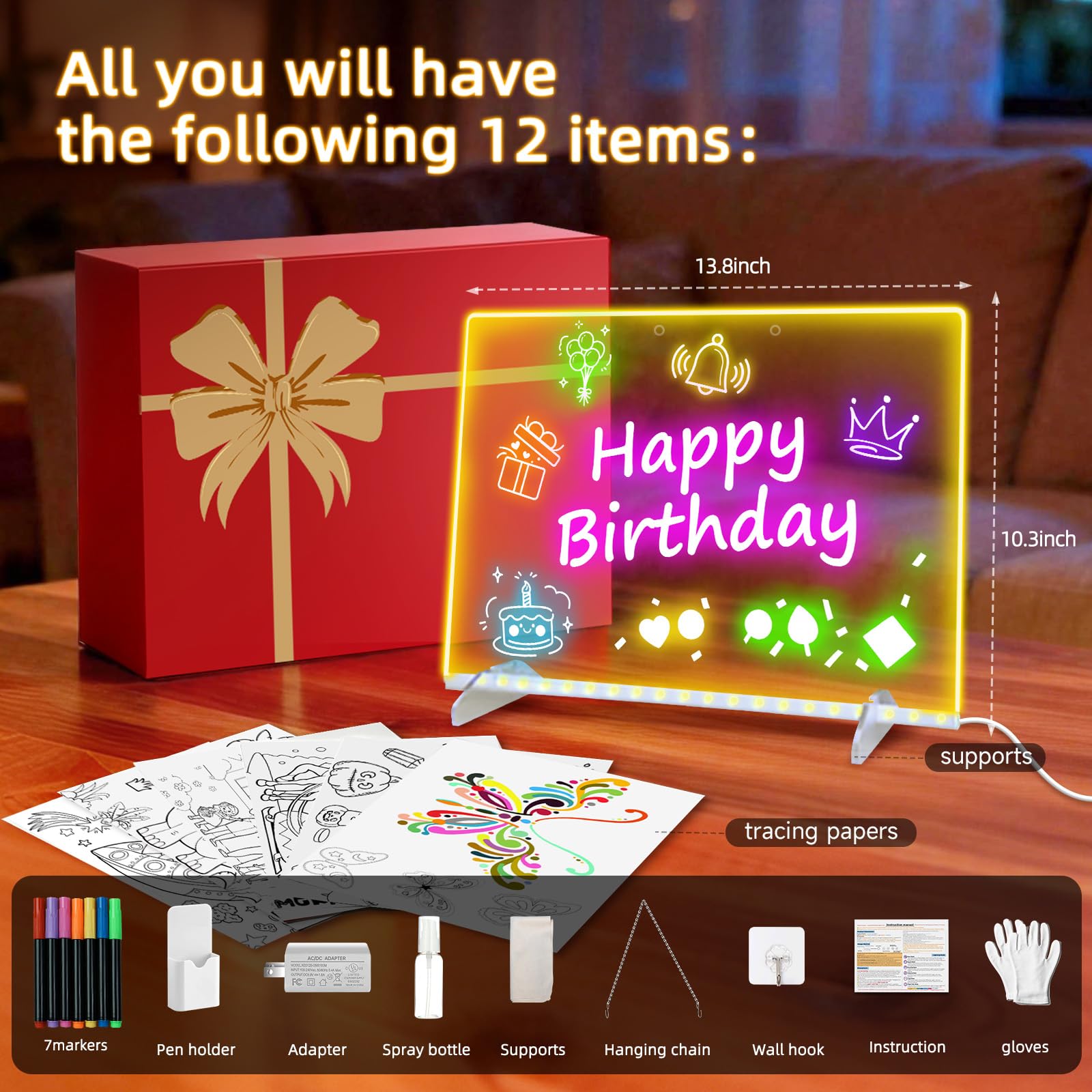 Ortizan LED Zeichenbrett, 35x25 cm LED Maltafel Kinder 13 Farben, Drawing Board Acryl Notiztafel, Zeichnen, Memo, Werbetafel, Dekoration Exquisite Geschenkbox