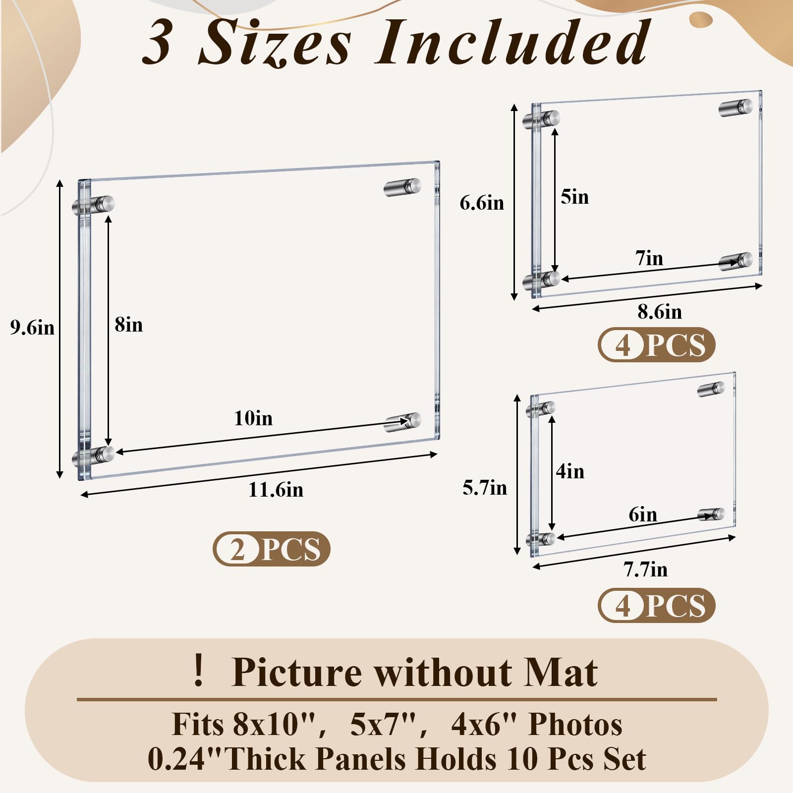 Novabright Set di 10 cornici da parete in acrilico galleggiante, 3 dimensioni, in acrilico trasparente, 20 x 25 cm, 13 x 17 cm, 10 x 15 cm, cornici moderne senza cornice, collage per esposizione a