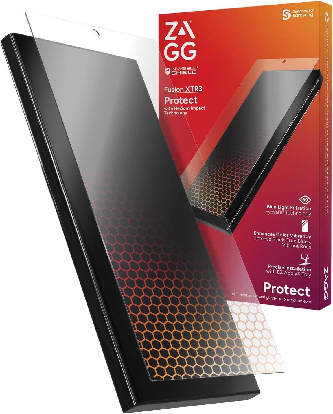 ZAGG InvisibleShield Fusion XTR3 Samsung Galaxy S24 Ultra Screen Protector - Hybrid Polymer, Hexiom Impact, Advanced Blue Light Filter, Anti-Reflective, Recycled Materials, EZ Apply Installation