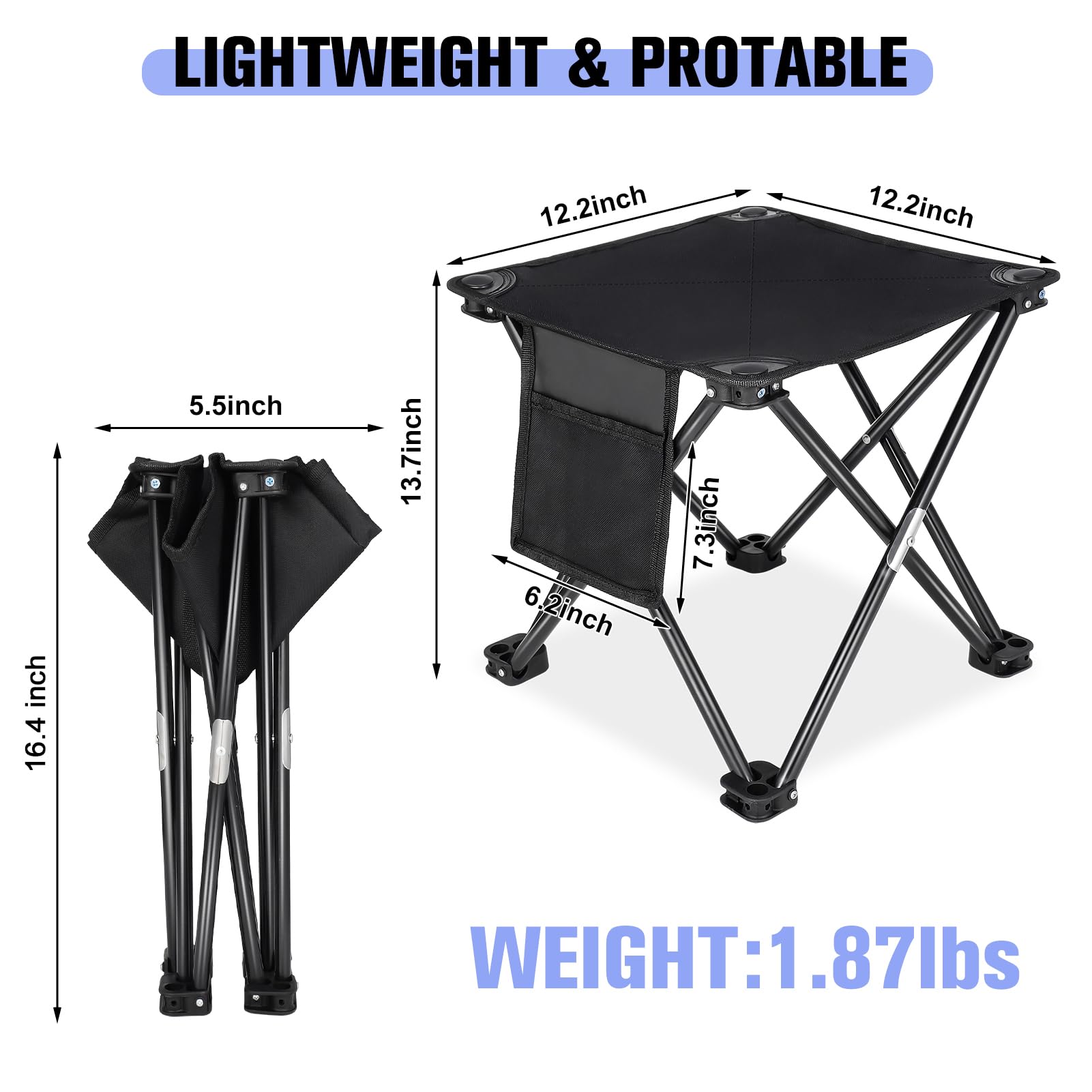 KABOER Paquete de 2 taburetes plegables para acampar al aire libre, silla portátil para pesca, barbacoa, senderismo, jardinería y playa, viajes con bolsa de transporte (negro)