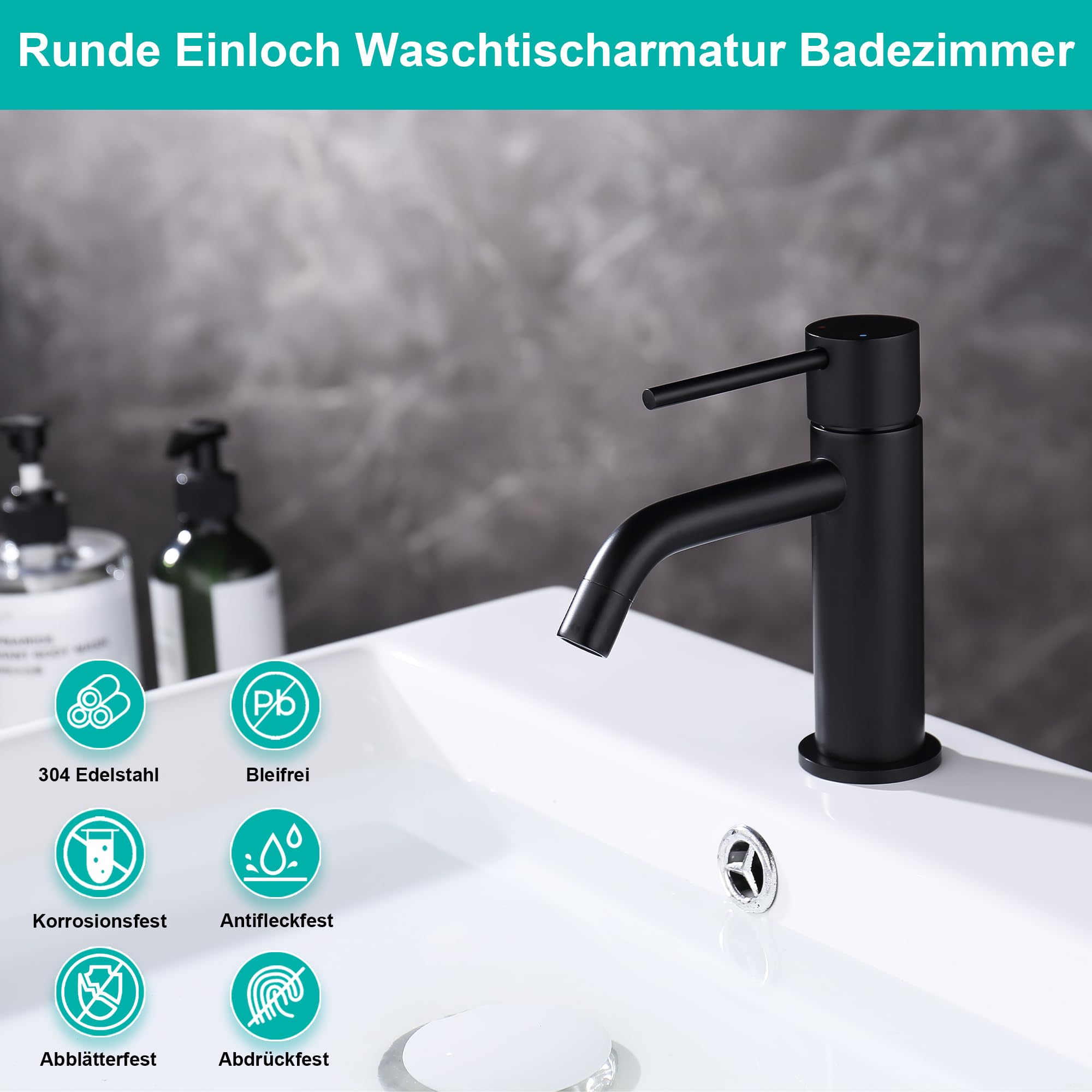 Wasserhahn Bad Schwarz Matt, Einhebel Waschtischarmatur | Auslaufhöhe 65mm Edelstahl Badarmatur mit AnschlussSchlauch, Abdrückfest Abblätterfest Einloch für Garderobe, Wohnwagen & W.C