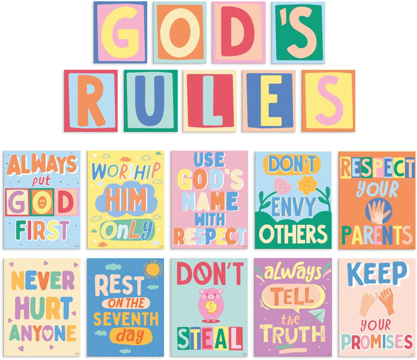 S&O God's Rules 10 Commandments for Kids Poster & Card Set - Bright and Colorful Ten Guidelines Wall Art - Sunday School Decorations for Learning Space - 10 Principles Wall Decor - 10 Rules Print