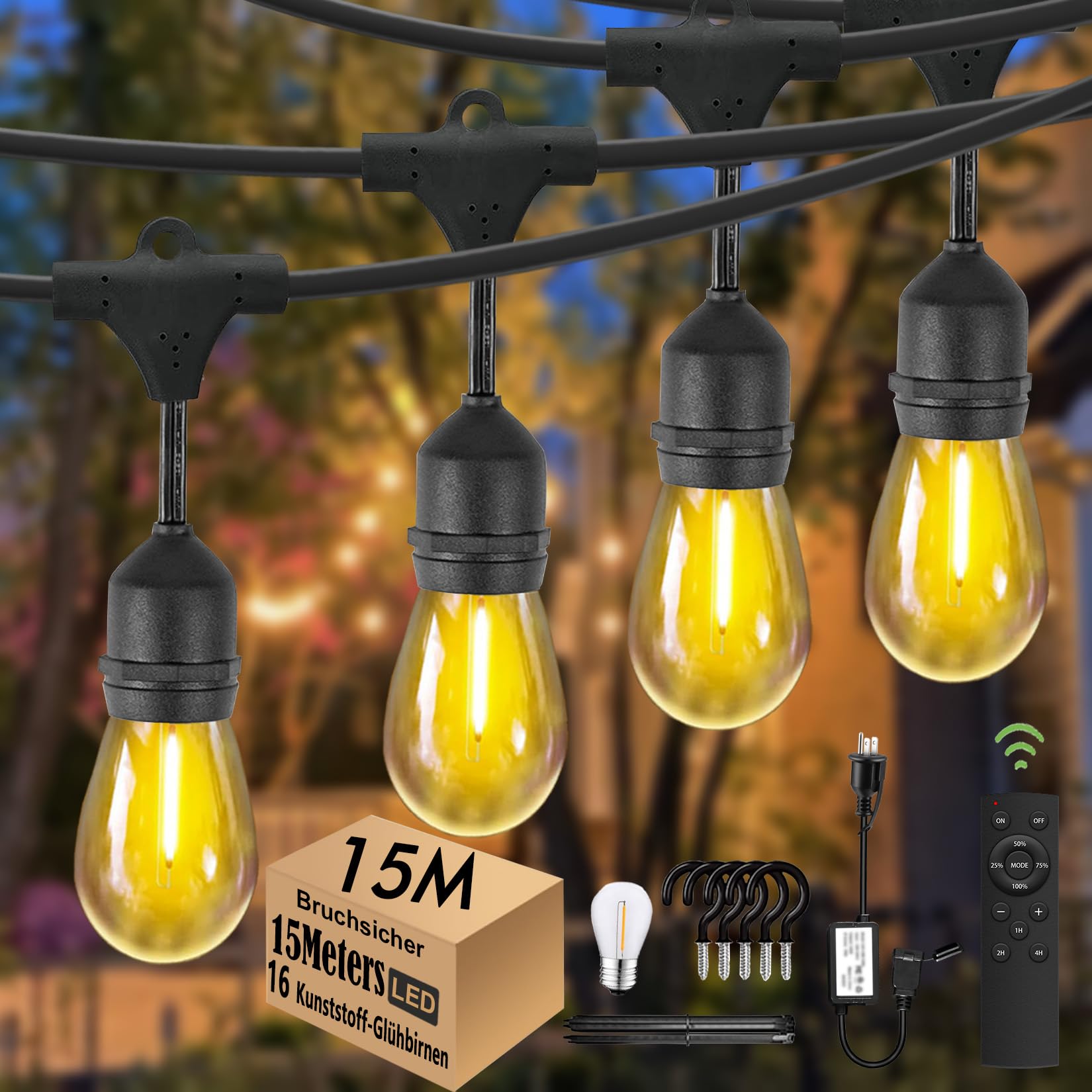 15M Lichterkette Außen E27 mit Dimmer,Wasserdicht IP65 mit Fernbedienung | 15+1 S14 LED Plastikbirnen, 2700K Warmweiß,Dauerlicht/Atemlicht/ Blinklicht,Timer-Funktion,Speicherfunktion