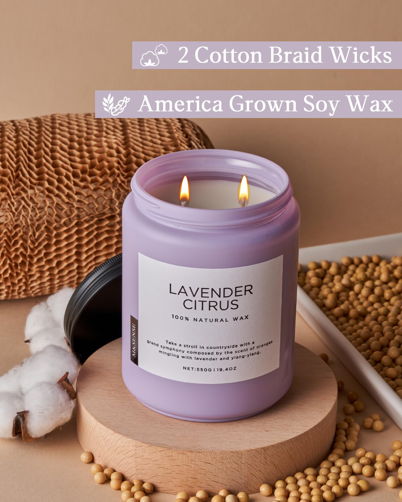 M&SENSE Soy Candles for Home Scented 550g Lavender Citrus Aromatherapy Candles, 110H Burn Time - Image 3