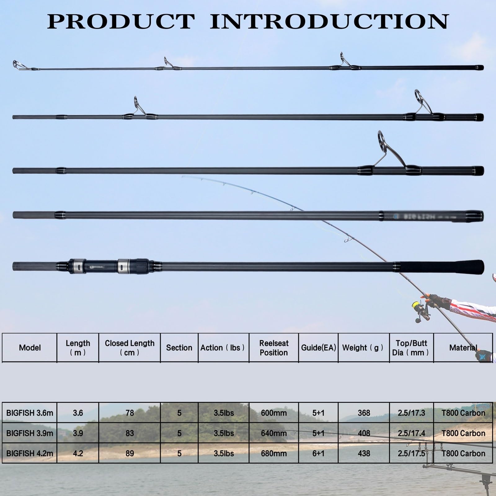 GLigeT Canna da Pesca Canna da Pesca alla Carpa 4.2/3.9/3.6 T800 Carbon 3.5lb Lancio 40-200g Travel Surfcasting Hard Pole Fishing Rod(4.2m)