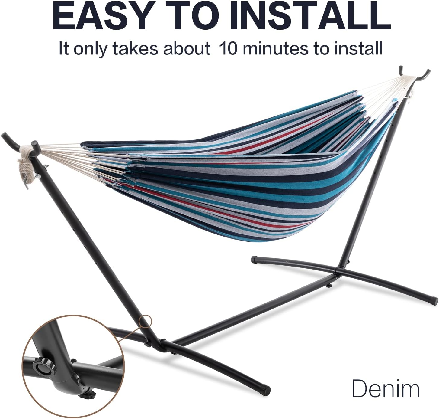 PNAEUT Double Hammocks with Stand for Outside, Portable Space Saving Heavy-Duty Steel Stand for Indoor Outdoor Patio with Carrying Bag, 450 lbs Capacity (Denim) thumbnail