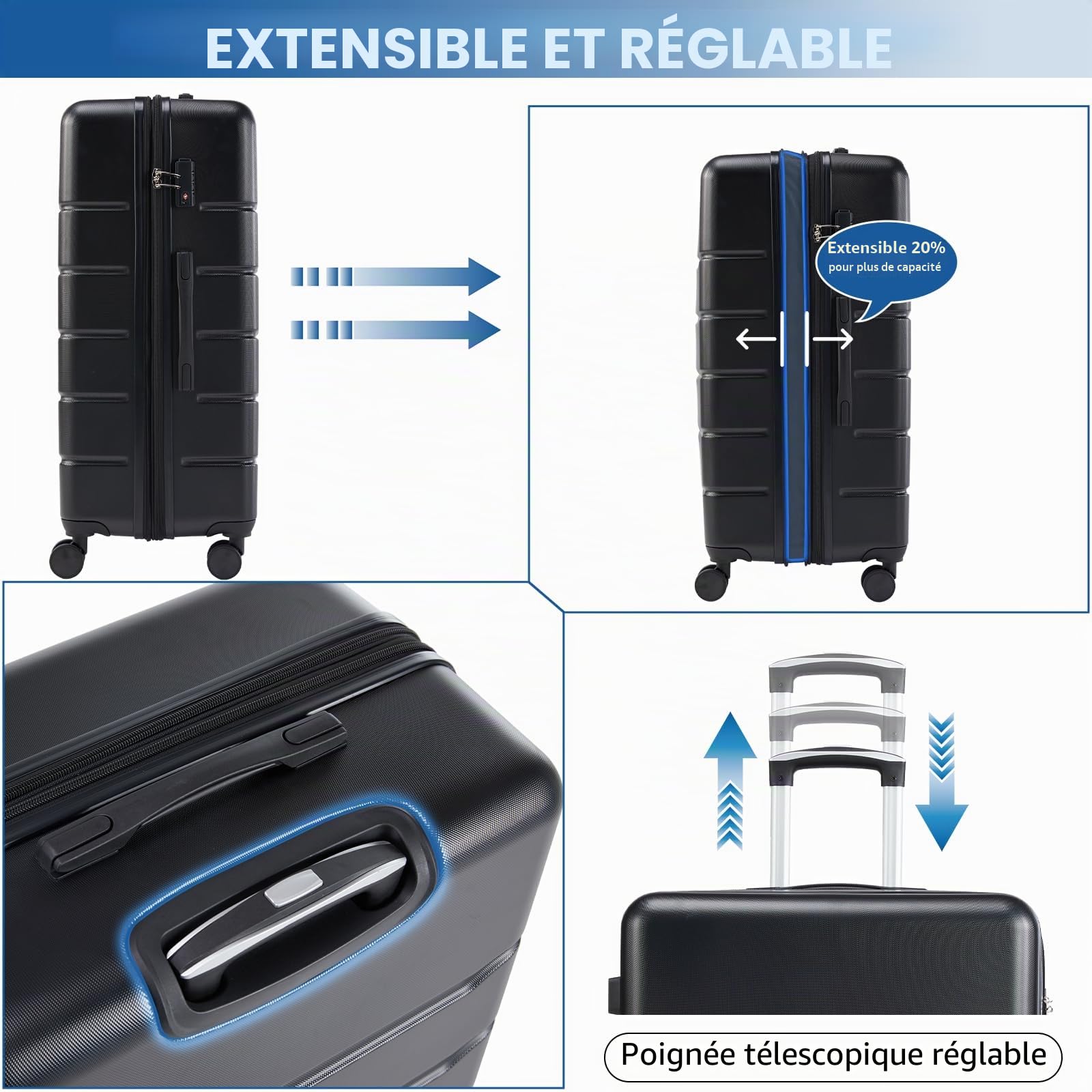 NEWBULIG Lot de 3 valises de Voyage, Extensibles et légères avec Roues rotatives, Serrure TSA, poignée télescopique et matériau ABS Durable, 50,8 cm, Noir, Noir, Tendance