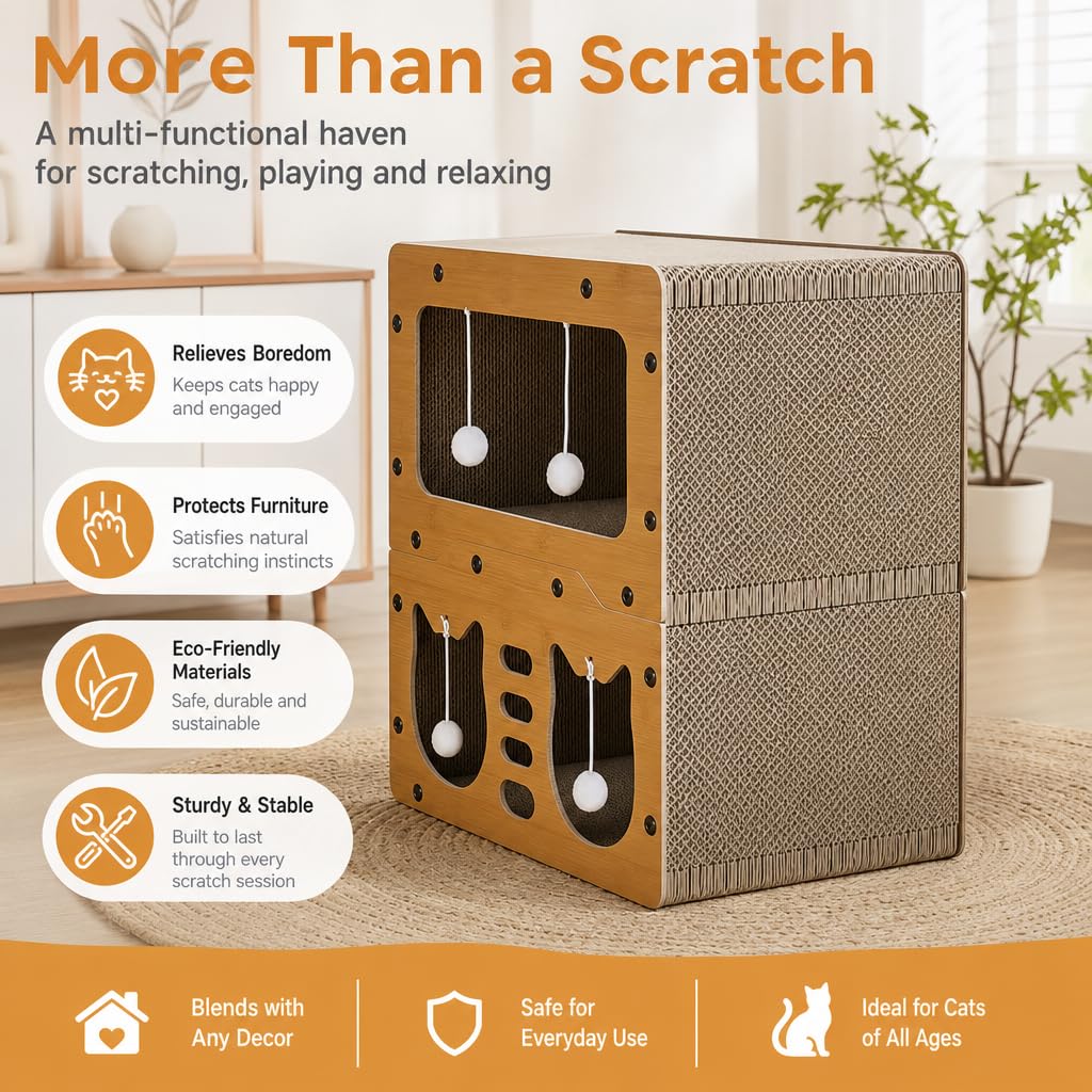 Casa tiragraffi in cartone a 2 piani, per interni, con tavola tiragraffi e palla sospesa, mobili per gatti multifunzione per giocare, riposare, dormire, 45 x 28 x 51 cm