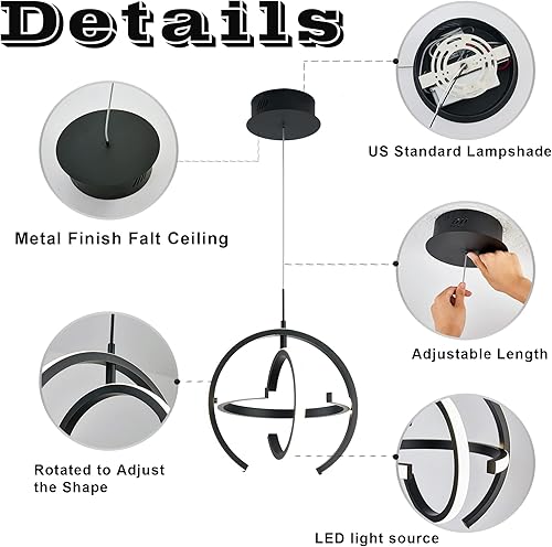 Miniatura 5 de Lámpara colgante negra mate para isla de cocina, lámpara LED moderna de granja, regulable, ajustable, de metal, para comedor, dormitorio, pasillo,