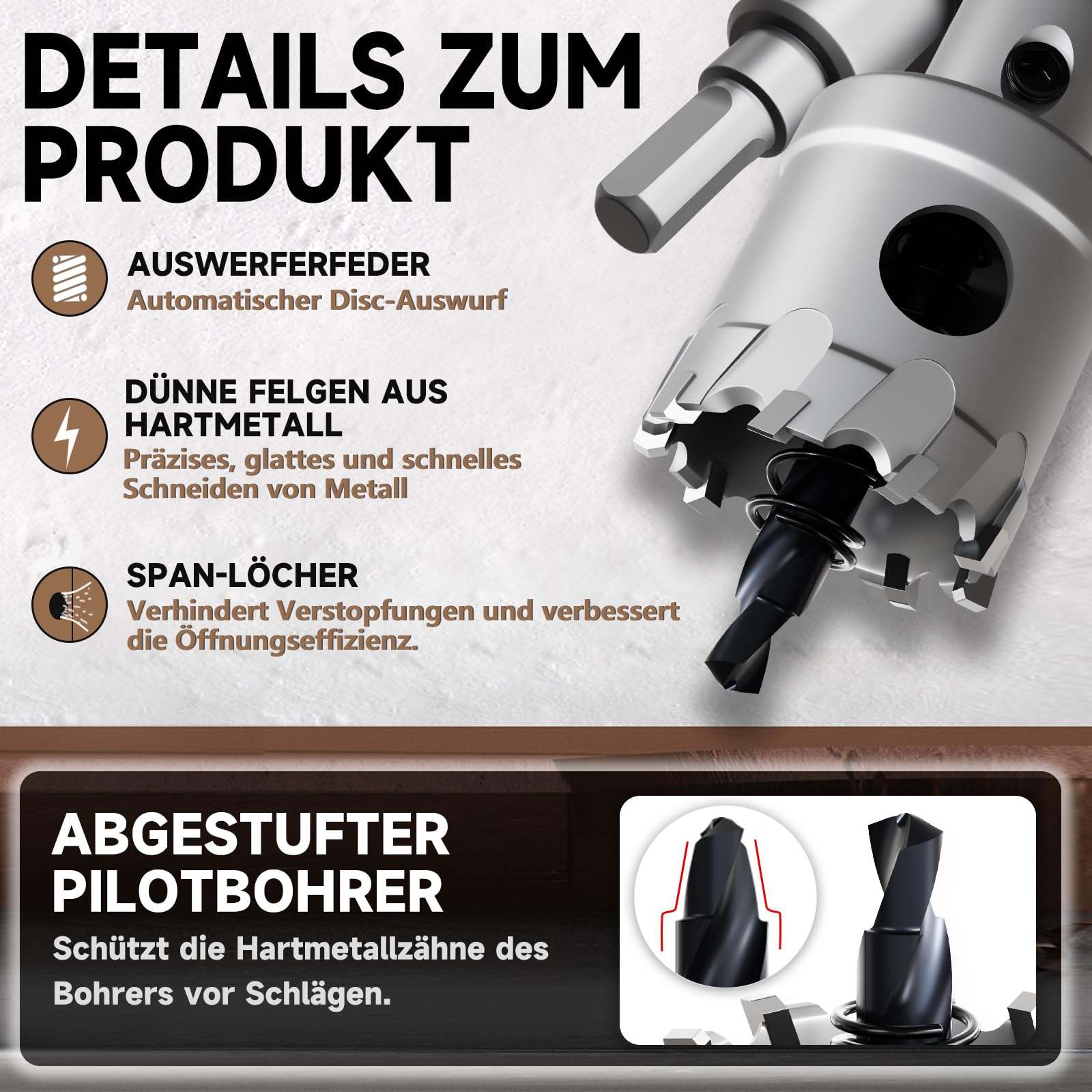 Lot de 2 scies cloches de 38 mm en métal, en carbure de tungstène, avec un foret de guidage nitré supplémentaire gratuit et une clé en L, pour acier, fer, aluminium, métal
