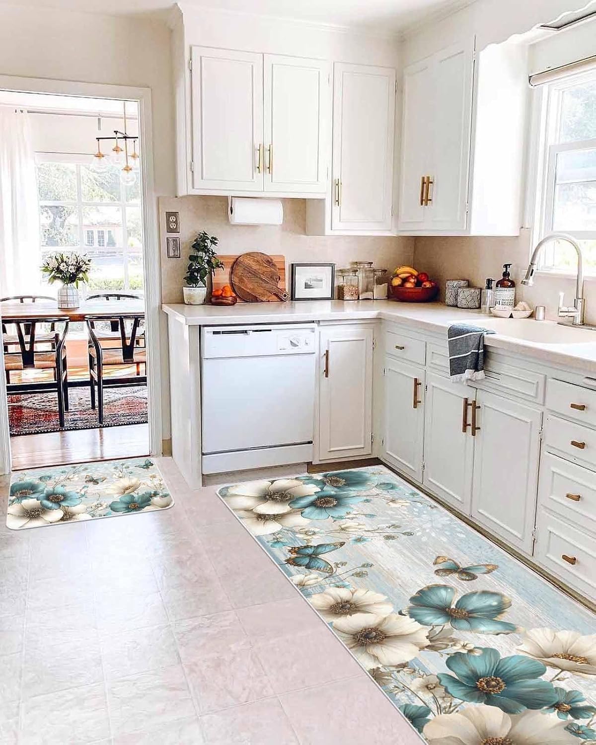 Vintage Tulip Kitchen Rugs Set of 2 Farmhouse White Blue Flower Butterfly Blue Wood Grain Comfort Standing Mats Washable Cushioned Non Slip Kitchen Runner Rugs Set for Home Floor Sink Laundry Office