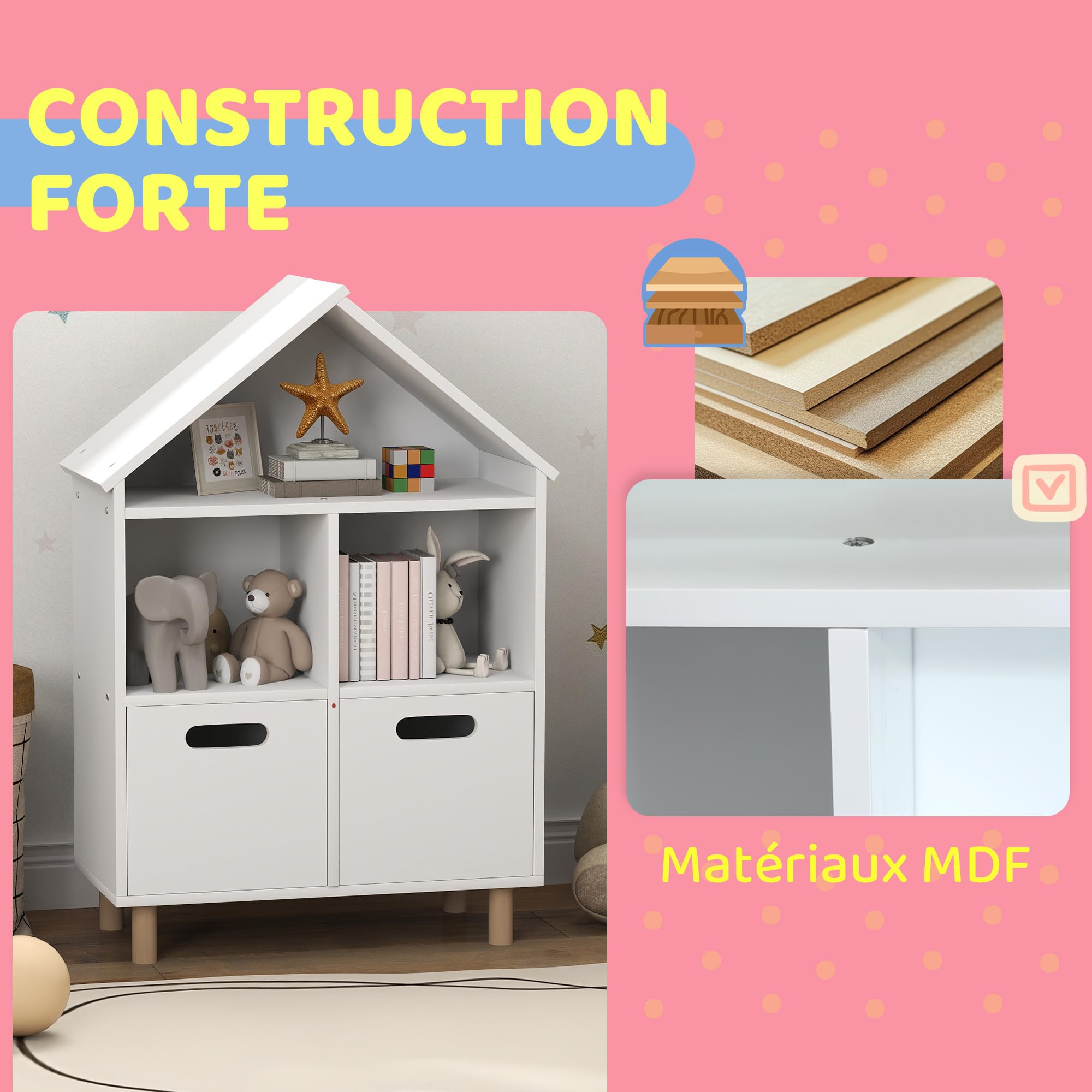 AIYAPLAY Bibliothèque Enfants 3 Niveaux 2 Tiroirs 63,7x29,7x89,5 cm Blanc | Meuble de Rangement, Forme Maison, pour Chambre à Coucher Et Chambres d'Enfants