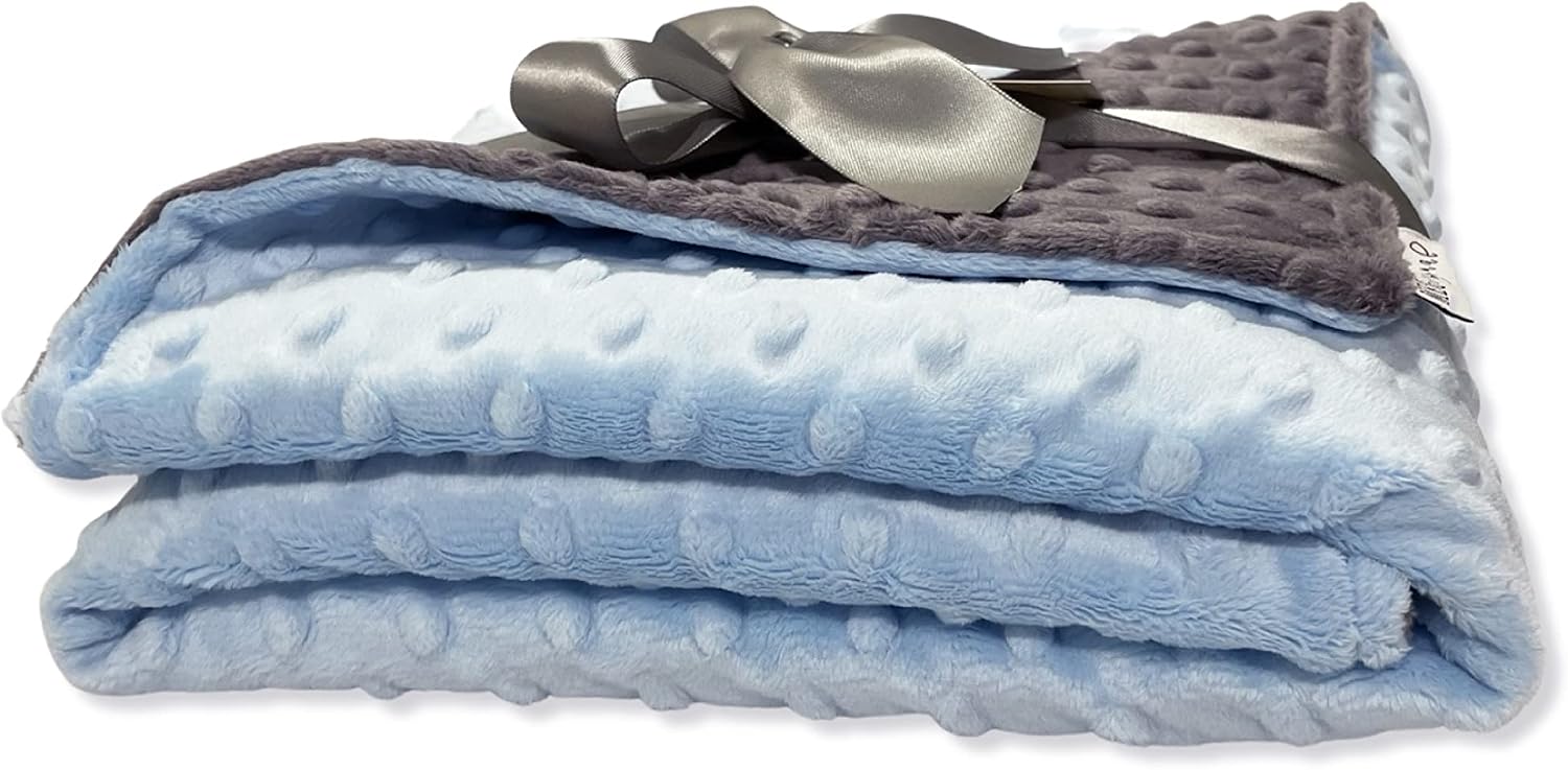 MEG ORIGINAL Blue & Charcoal Gray Minky Dot Baby Boy/Toddler Crib Blanket 6781