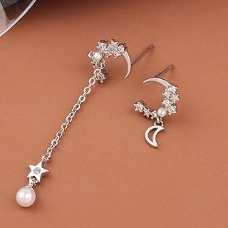 Silver Color New Fashion Star Moon Zircon Pearl Tassel Dropping Earrings Asymmetric Exquisite Fashion Handmade Gift