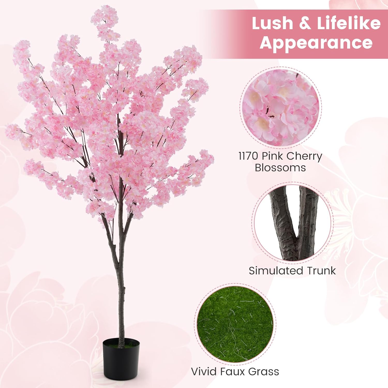 BECOMFORT Artificial Cherry Blossom Tree - 6.5FT Tall Fake Pink Cherry Plant, 900 Flowers, Simulated Trunk, Cement-Filled Pot, Indoor Blooming Potted Floor Plant for Home Office Wedding Party (2)