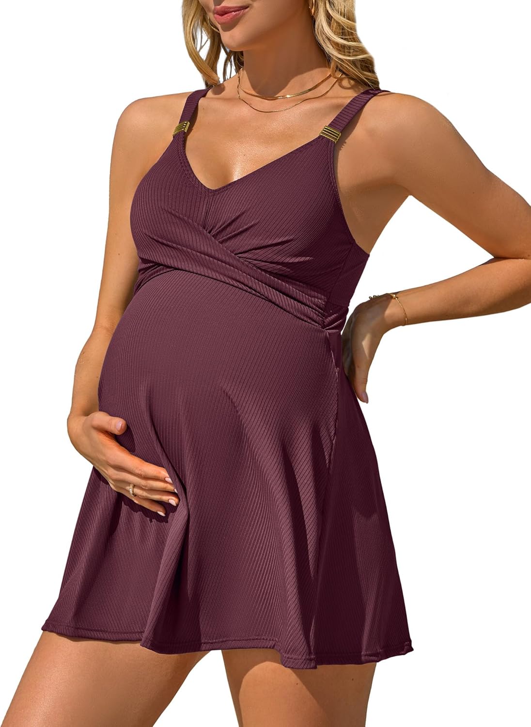 Charmo Women Maternity Swimsuit Ribbed Pregnancy Swimwear Front Cross Supportive Swim Dress Cute Bathing Suit 2026