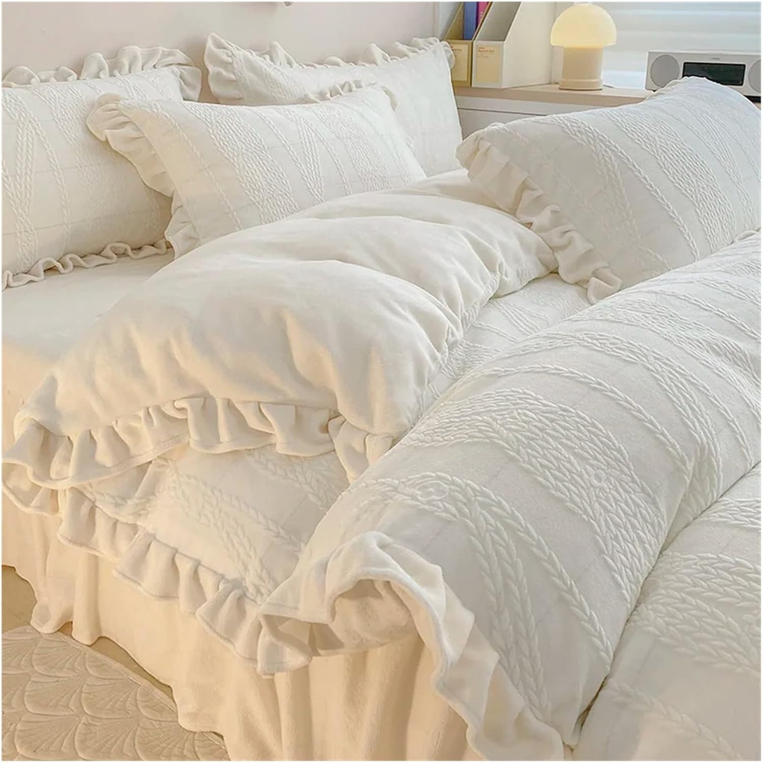 Thickened Lace Quilt Cover for Girls, Flannel Sheet, Milk Coral Velvet, Four-Piece, Winter (White 1.5m bed sheet)