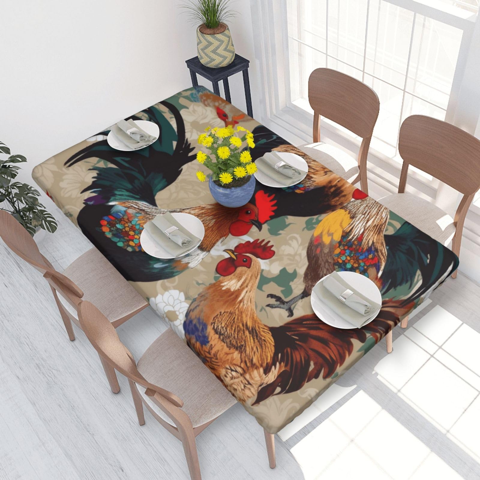 DCARSETCV Rooster and Chicken Print Printed 4FT Waterproof Tablecloth with Elastic Edged Protect & Decor Your Table, Oil-proof Washable Table Cloth Cover for Dinner Picnic Party