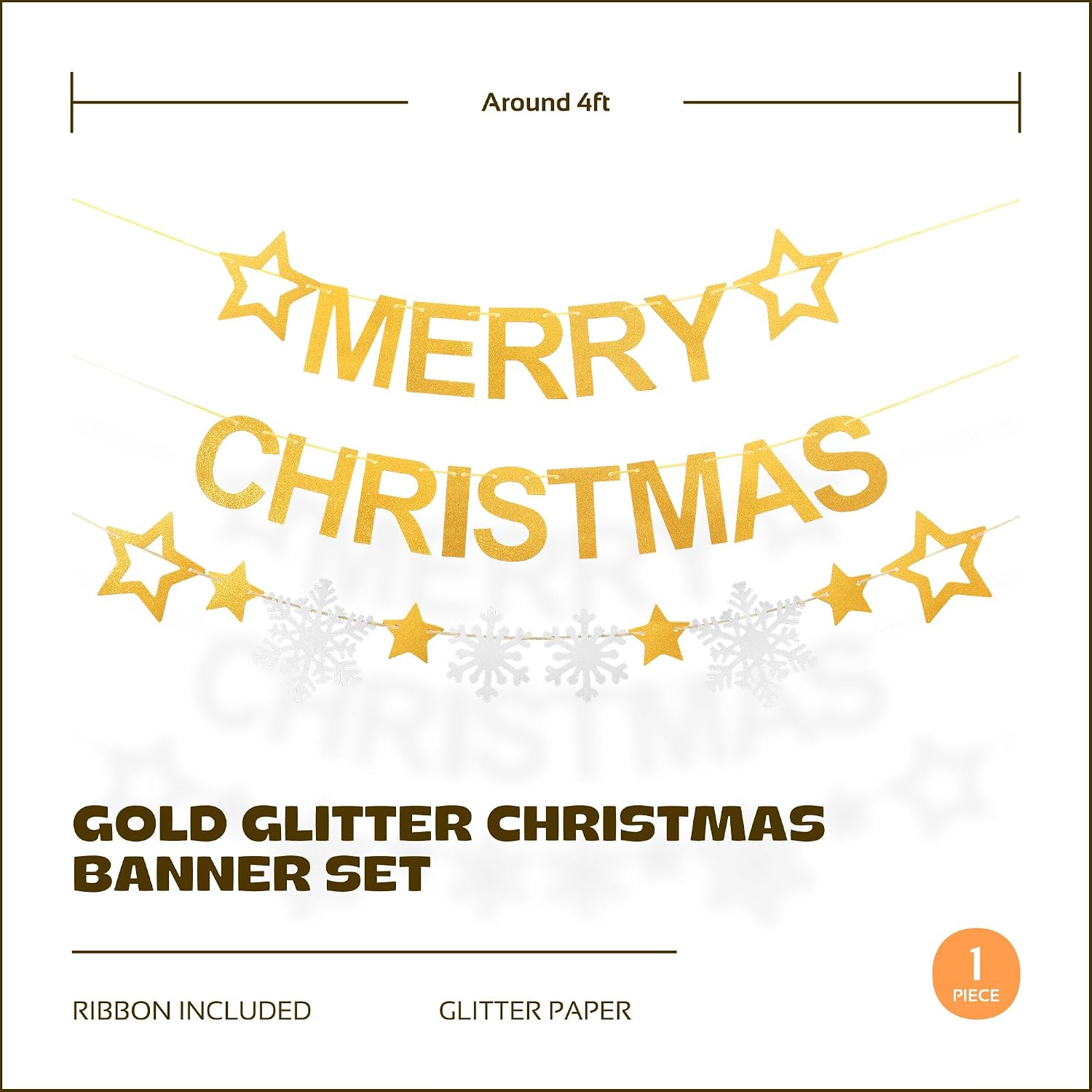 Merry Christmas Banner Gold Glitter - Christmas Decorations Indoor Outdoor, Holiday Party Banner with Stocking Stars Gift Box